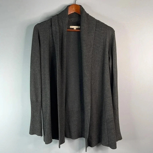 JOAN VASS Knit Draped Open Cardigan Sweater Dark Gray Shawl Collar Coastal S - Picture 11 of 11
